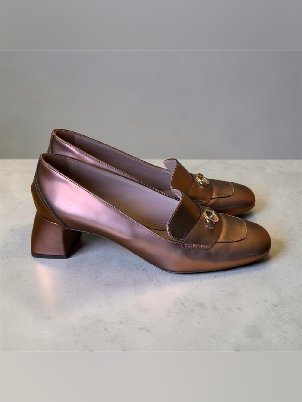L’Autre Chose Women’s Shimmery Bronze Slip-On Loafers with Decorative Buckle